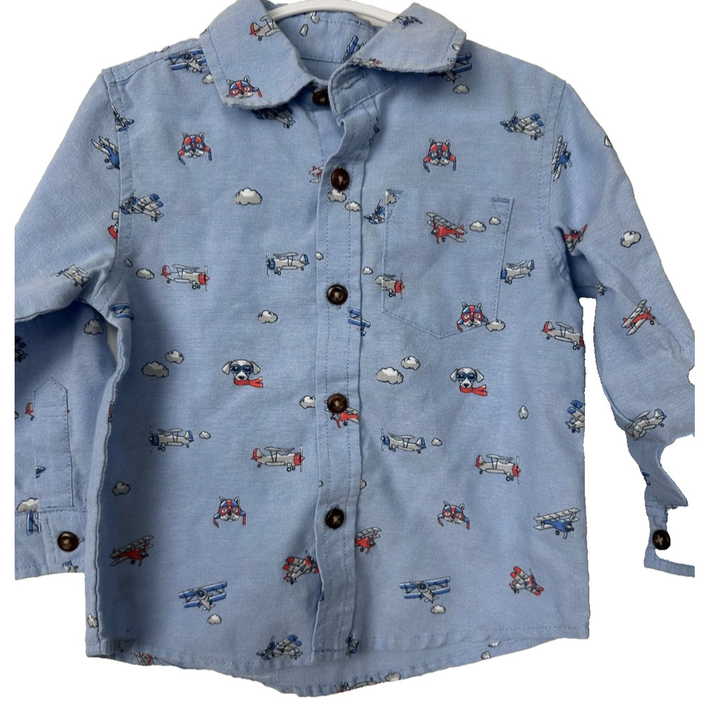 Little Boy Size 18M KIDS HEADQUARTERS Graphic Airplanes Dogs Button LS D15